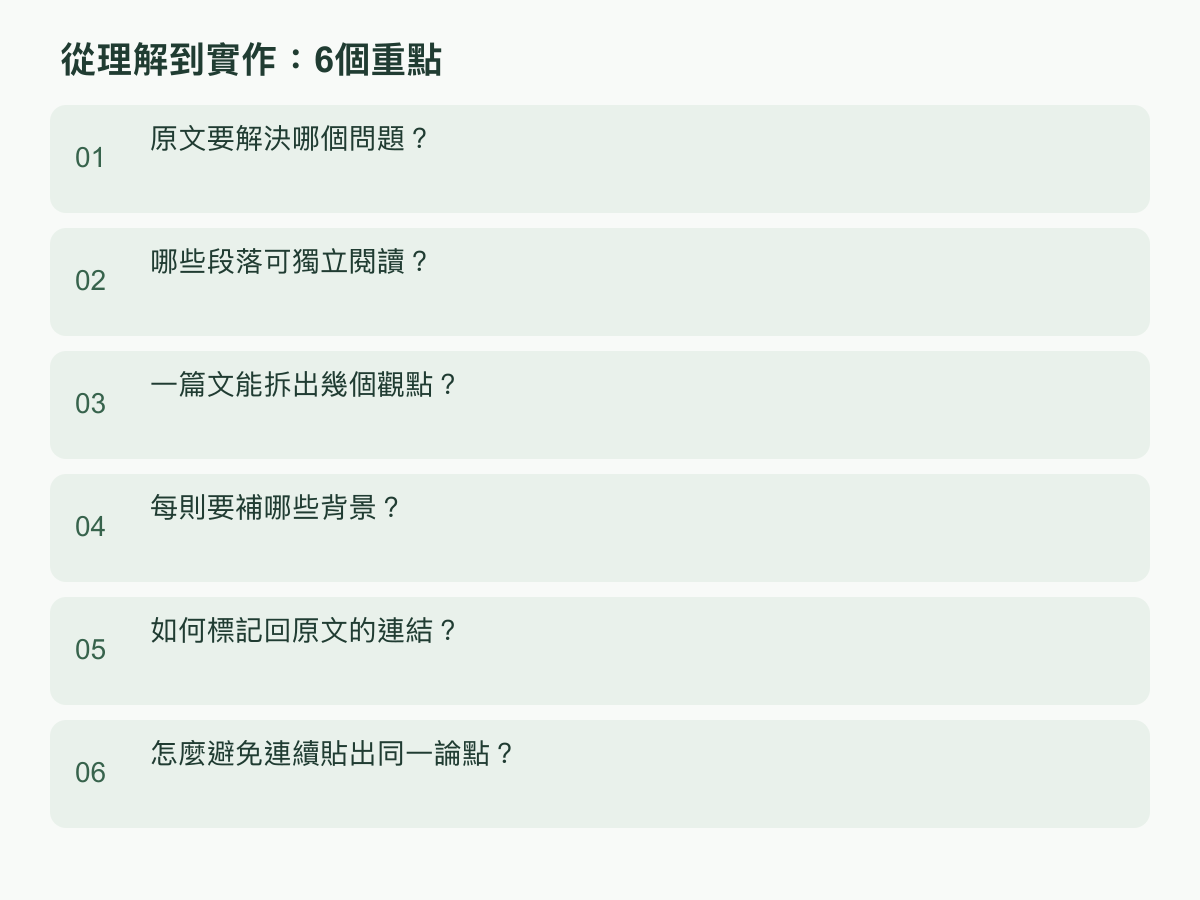 實作步驟：原文要解決哪個問題？；哪些段落可獨立閱讀？；一篇文能拆出幾個觀點？；每則要補哪些背景？；如何標記回原文的連結？；怎麼避免連續貼出同一論點？