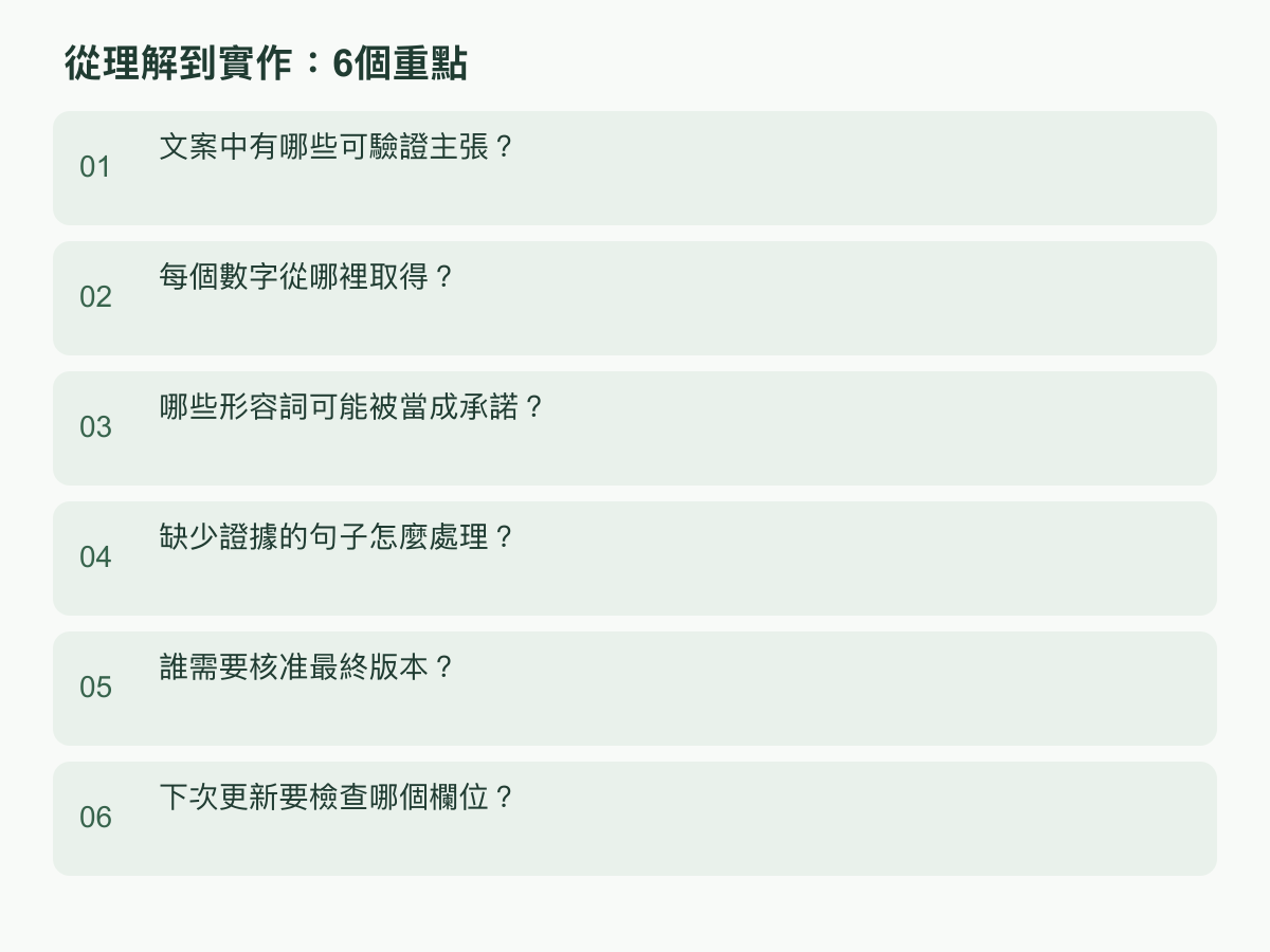 實作步驟：文案中有哪些可驗證主張？；每個數字從哪裡取得？；哪些形容詞可能被當成承諾？；缺少證據的句子怎麼處理？；誰需要核准最終版本？；下次更新要檢查哪個欄位？