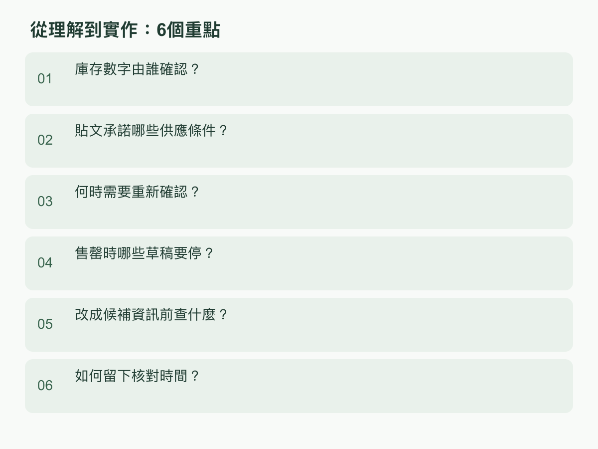 實作步驟：庫存數字由誰確認？；貼文承諾哪些供應條件？；何時需要重新確認？；售罄時哪些草稿要停？；改成候補資訊前查什麼？；如何留下核對時間？