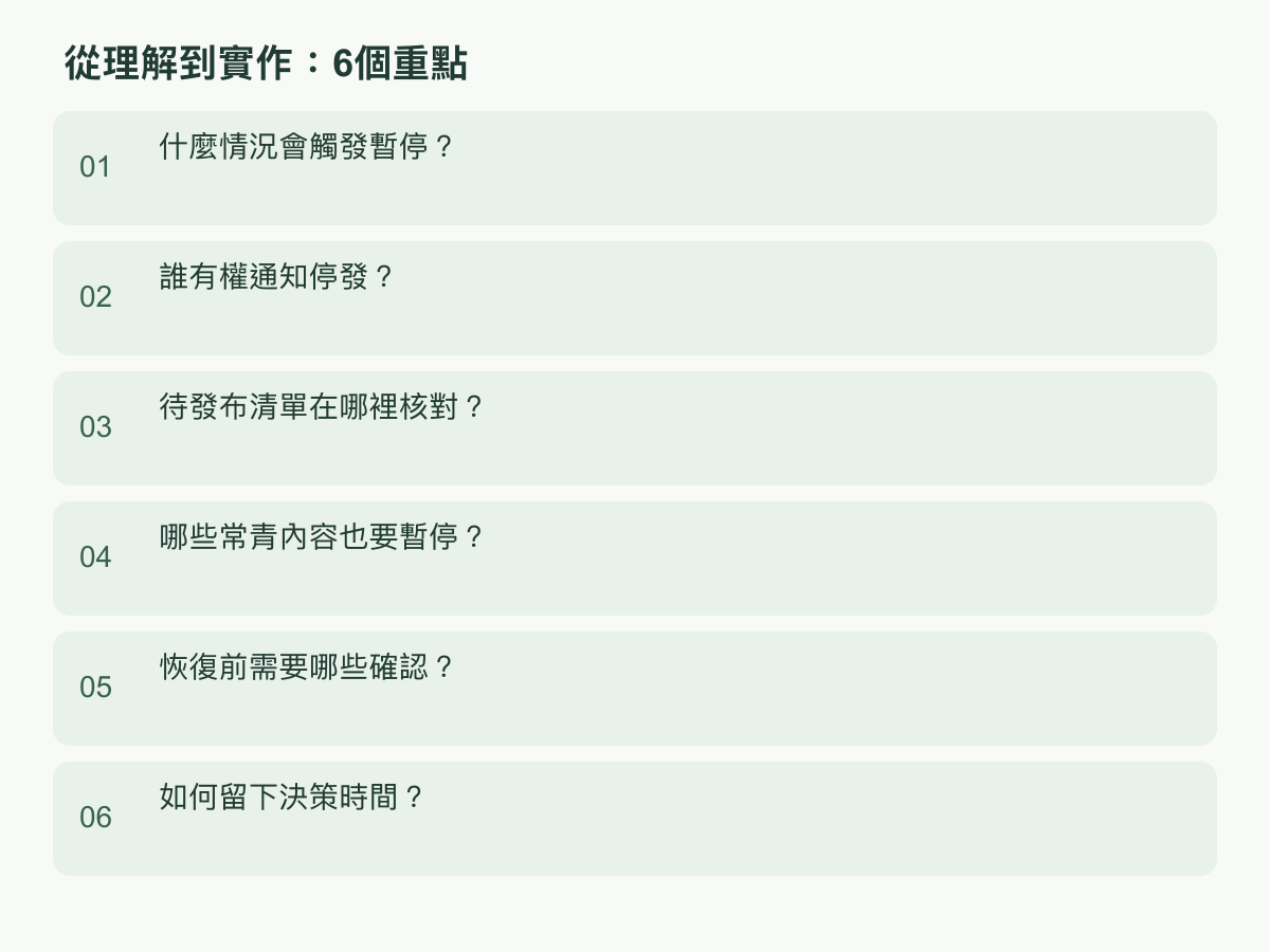 實作步驟:什麼情況會觸發暫停?;誰有權通知停發?;待發布清單在哪裡核對?;哪些常青內容也要暫停?;恢復前需要哪些確認?;如何留下決策時間?