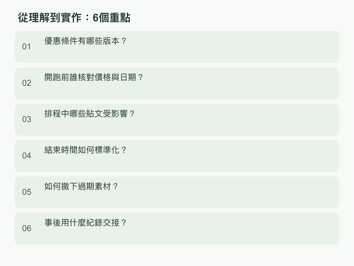 實作步驟：優惠條件有哪些版本？；開跑前誰核對價格與日期？；排程中哪些貼文受影響？；結束時間如何標準化？；如何撤下過期素材？；事後用什麼紀錄交接？