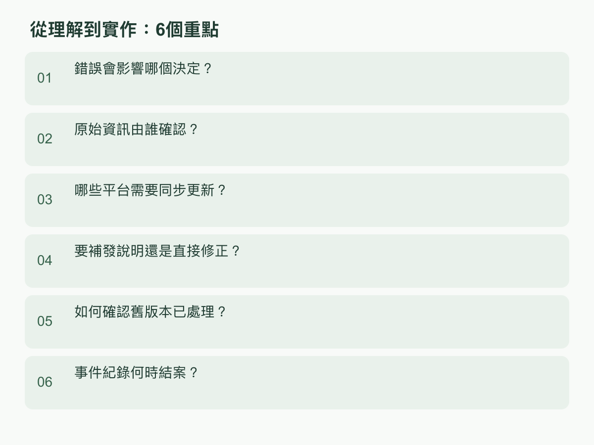 實作步驟：錯誤會影響哪個決定？；原始資訊由誰確認？；哪些平台需要同步更新？；要補發說明還是直接修正？；如何確認舊版本已處理？；事件紀錄何時結案？
