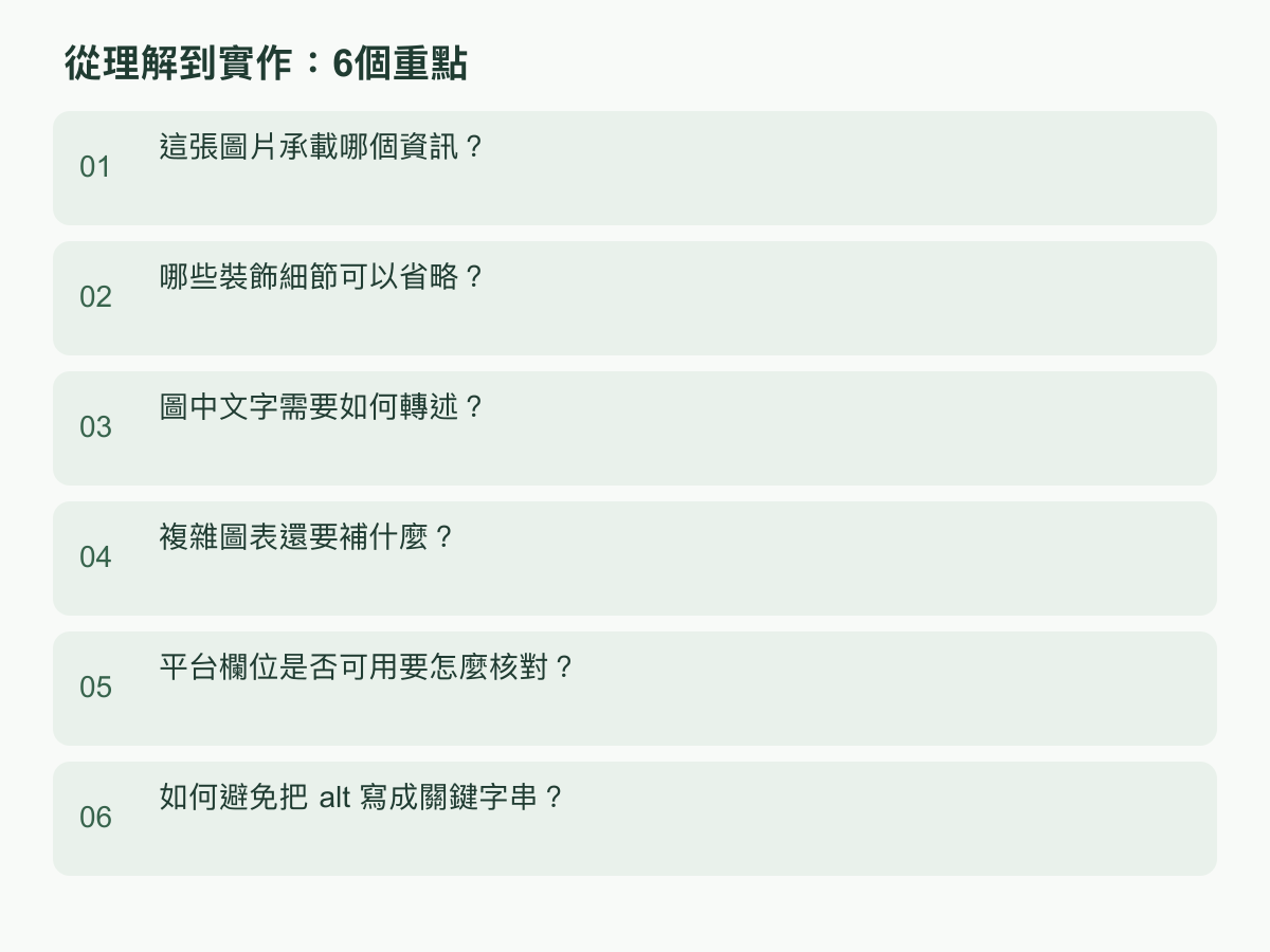 實作步驟：這張圖片承載哪個資訊？；哪些裝飾細節可以省略？；圖中文字需要如何轉述？；複雜圖表還要補什麼？；平台欄位是否可用要怎麼核對？；如何避免把 alt 寫成關鍵字串？