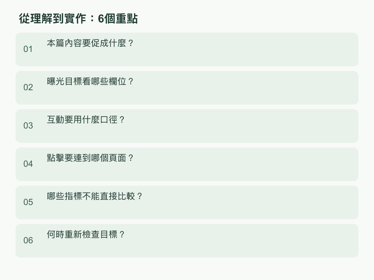 實作步驟：本篇內容要促成什麼？；曝光目標看哪些欄位？；互動要用什麼口徑？；點擊要連到哪個頁面？；哪些指標不能直接比較？；何時重新檢查目標？
