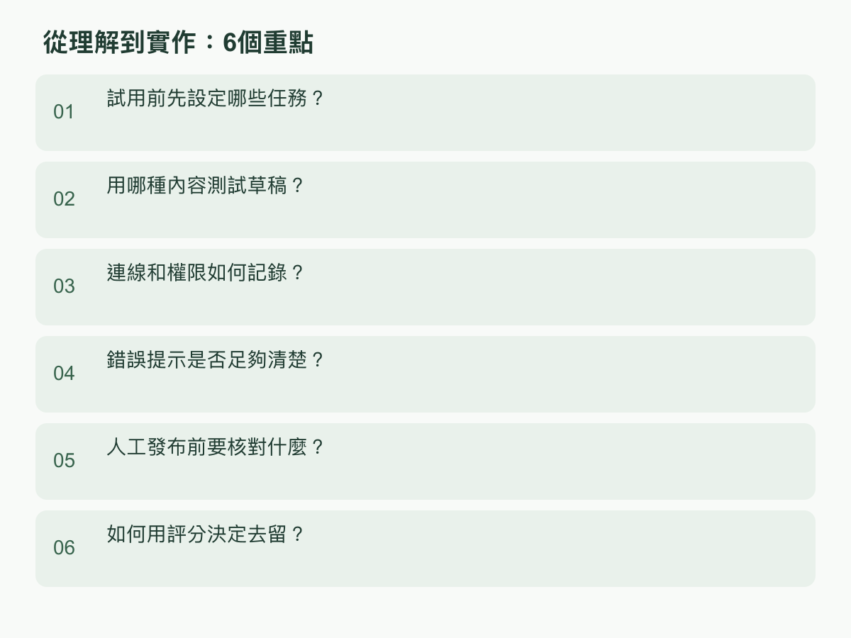 實作步驟：試用前先設定哪些任務？；用哪種內容測試草稿？；連線和權限如何記錄？；錯誤提示是否足夠清楚？；人工發布前要核對什麼？；如何用評分決定去留？