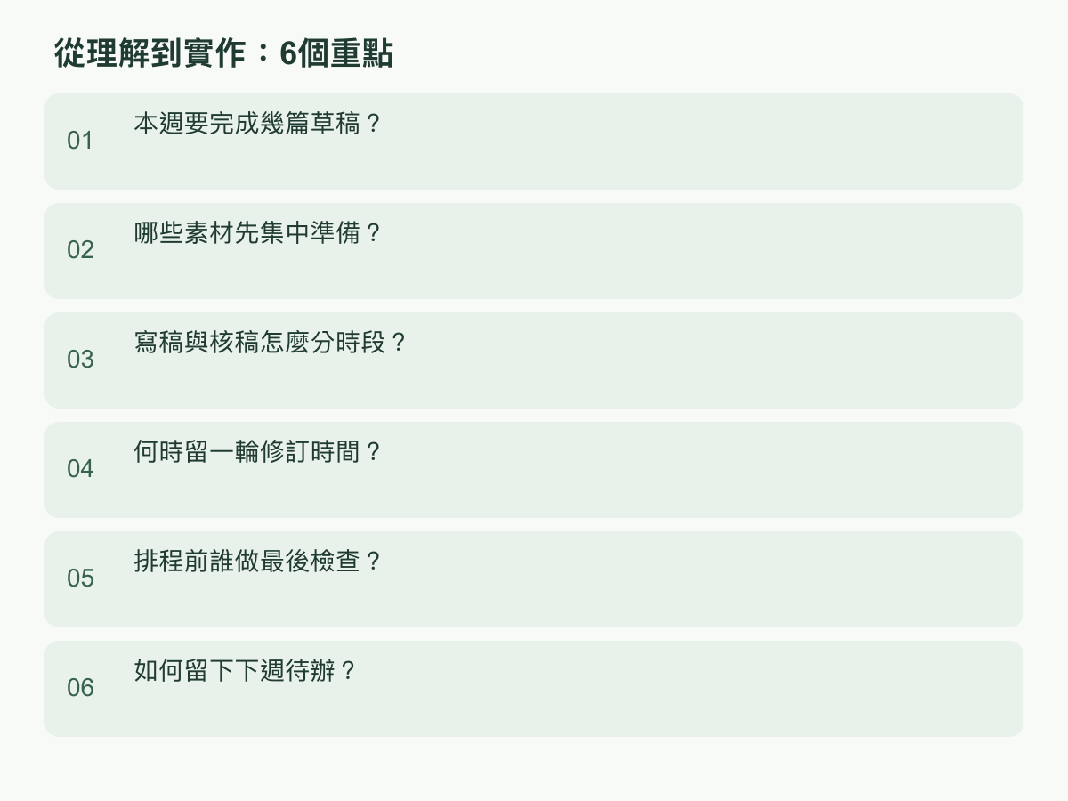 實作步驟：本週要完成幾篇草稿？；哪些素材先集中準備？；寫稿與核稿怎麼分時段？；何時留一輪修訂時間？；排程前誰做最後檢查？；如何留下下週待辦？
